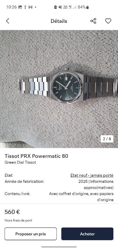 Prx Powermatic 80 Green Dial Tissot, Bijoux, Sacs & Beauté, Montres | Hommes, Comme neuf, Montre-bracelet, Autres marques, Acier