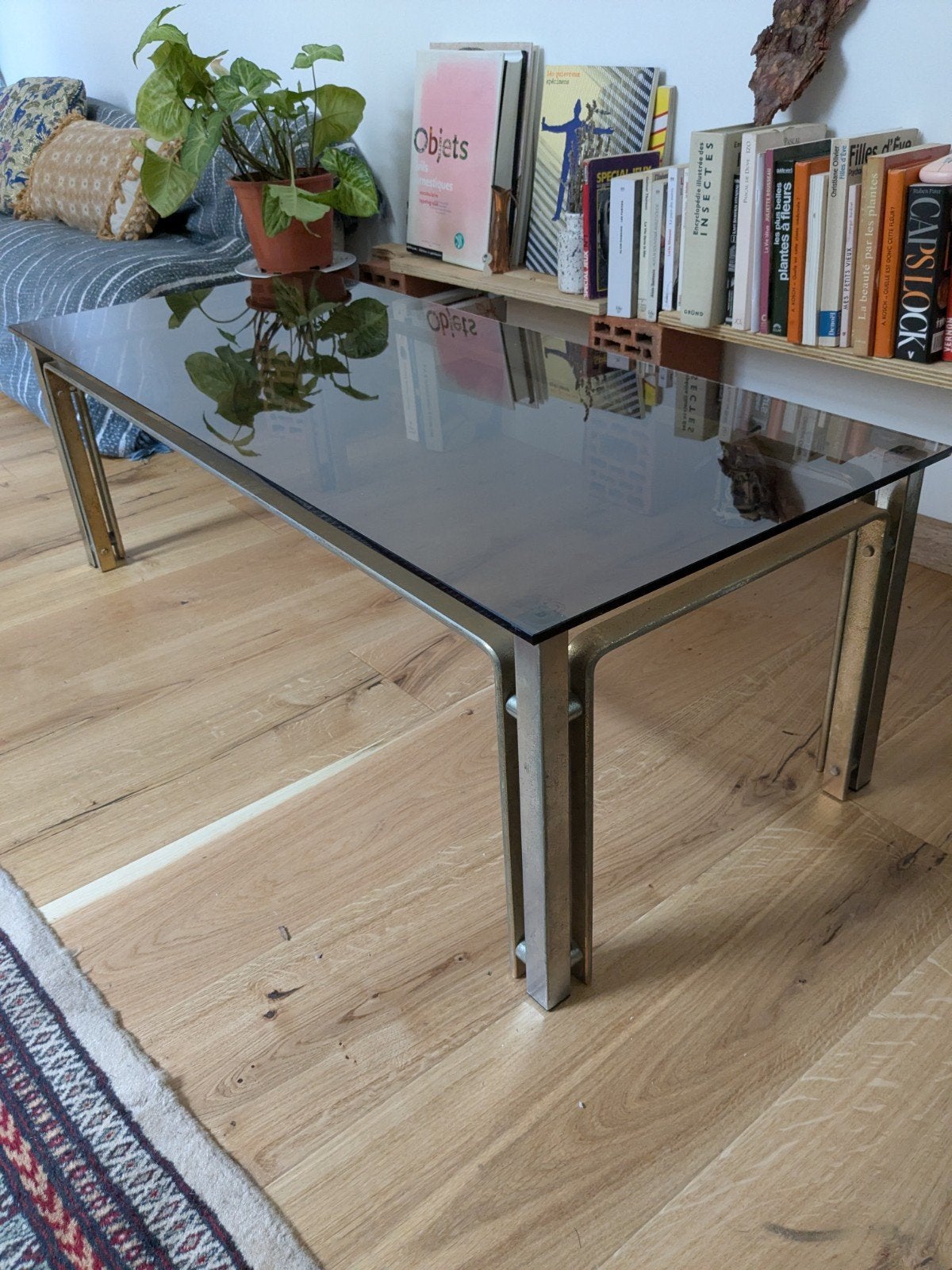 table basse Vintage retro année 70 Metal verre fumé, 100 à 150 cm, Verre, Enlèvement, Rectangulaire