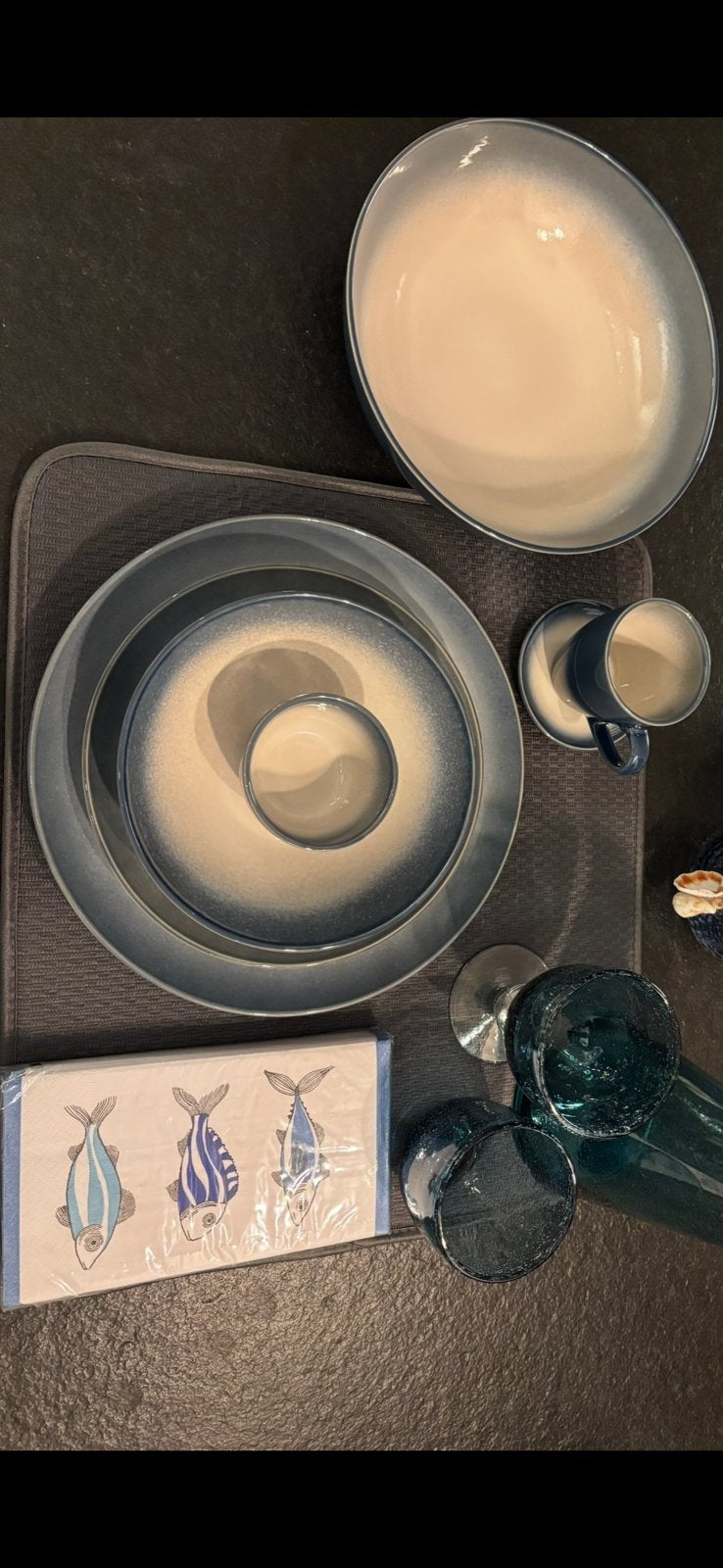 6 delig blauw handmade servies met glasservies, Ophalen, Nieuw, Overige stijlen, Porselein