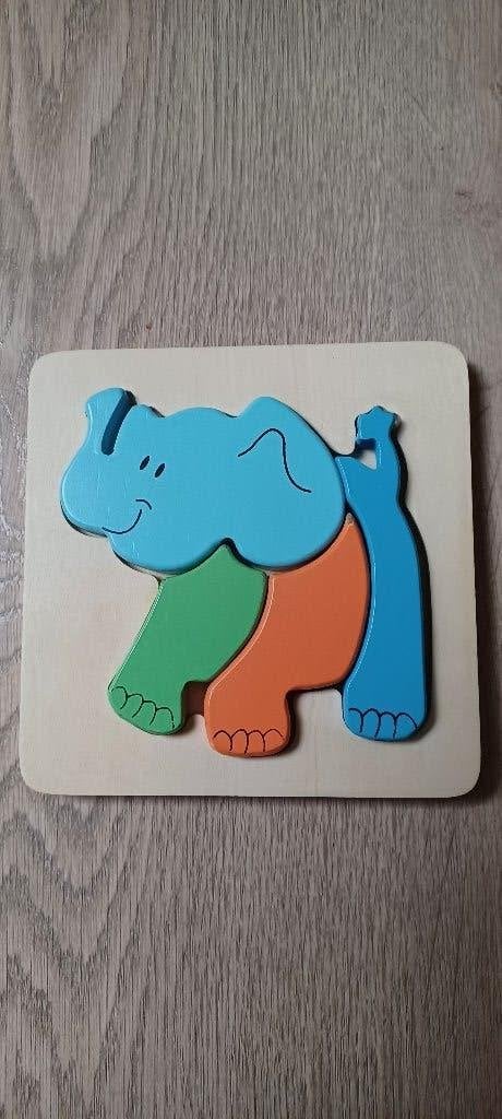 Houten puzzel ´olifant´ 4 stuks in puzzelplaat, Ophalen of Verzenden, Minder dan 10 stukjes, Zo goed als nieuw, Van hout