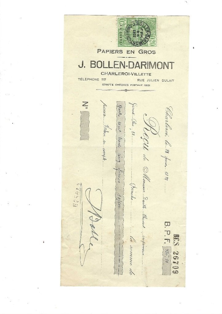 Ancien reçu 1927, Verzenden, Gebruikt