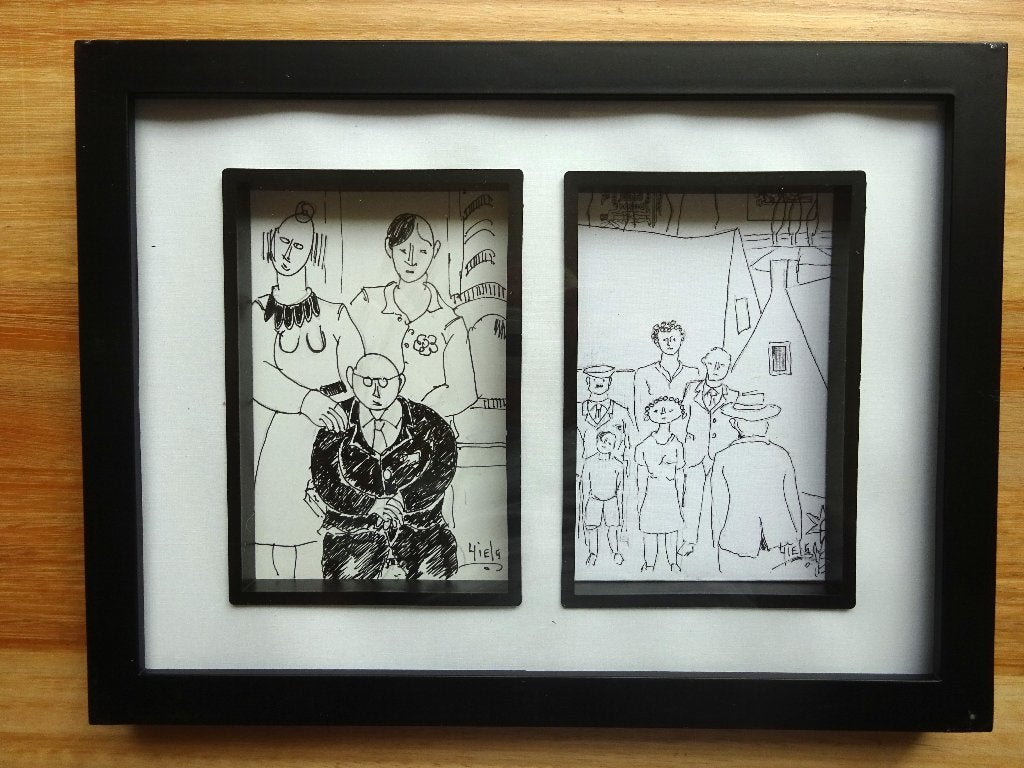 Ludo Giels, 2 originele tekeningen in een lijstje, Portrait ou Personnes, Enlèvement ou Envoi, Expressionniste, Dessin