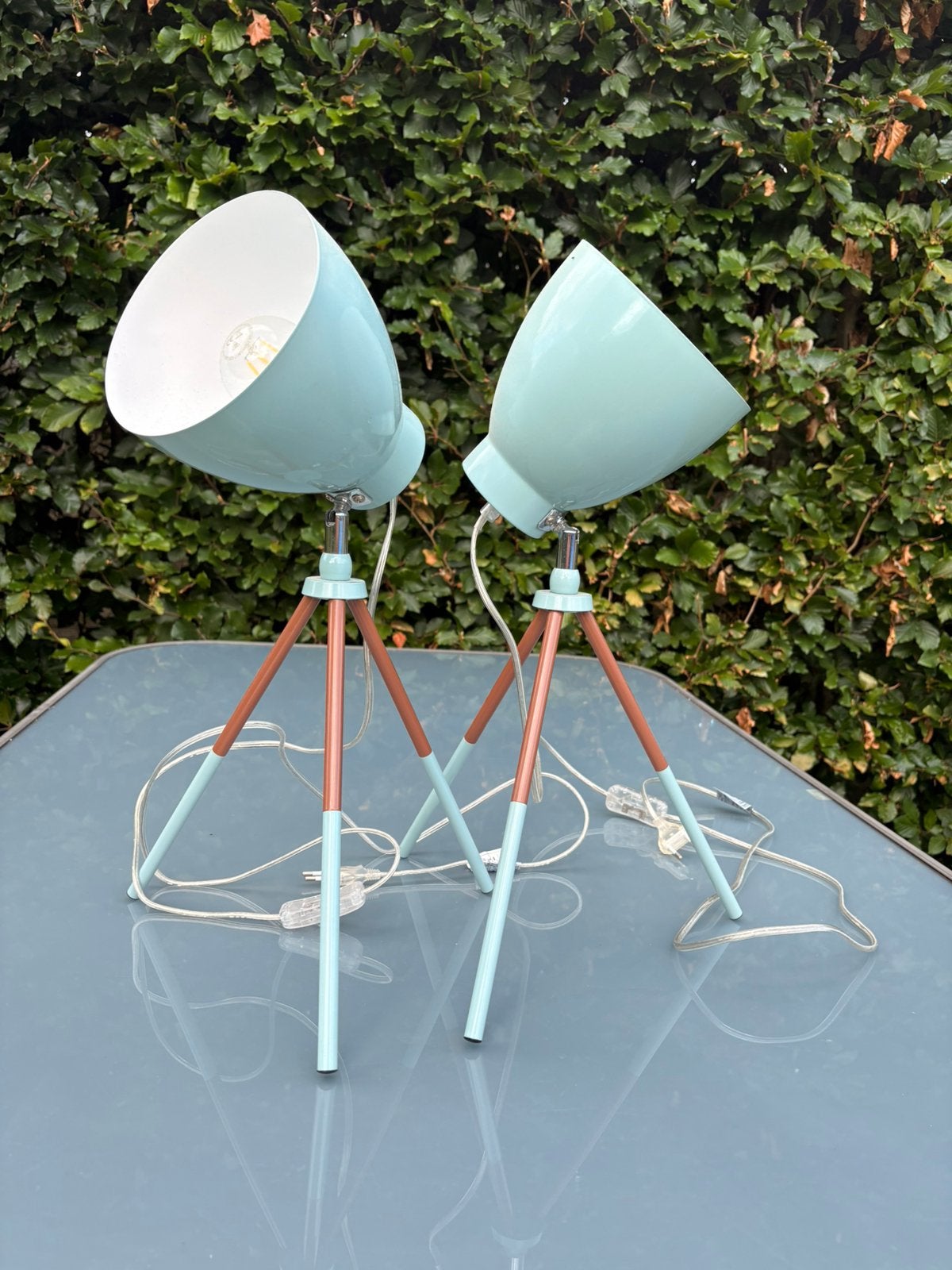 2x Vintage Driepoot Tafel- /Bureaulamp Mintgroen & bruin, Ophalen, Zo goed als nieuw