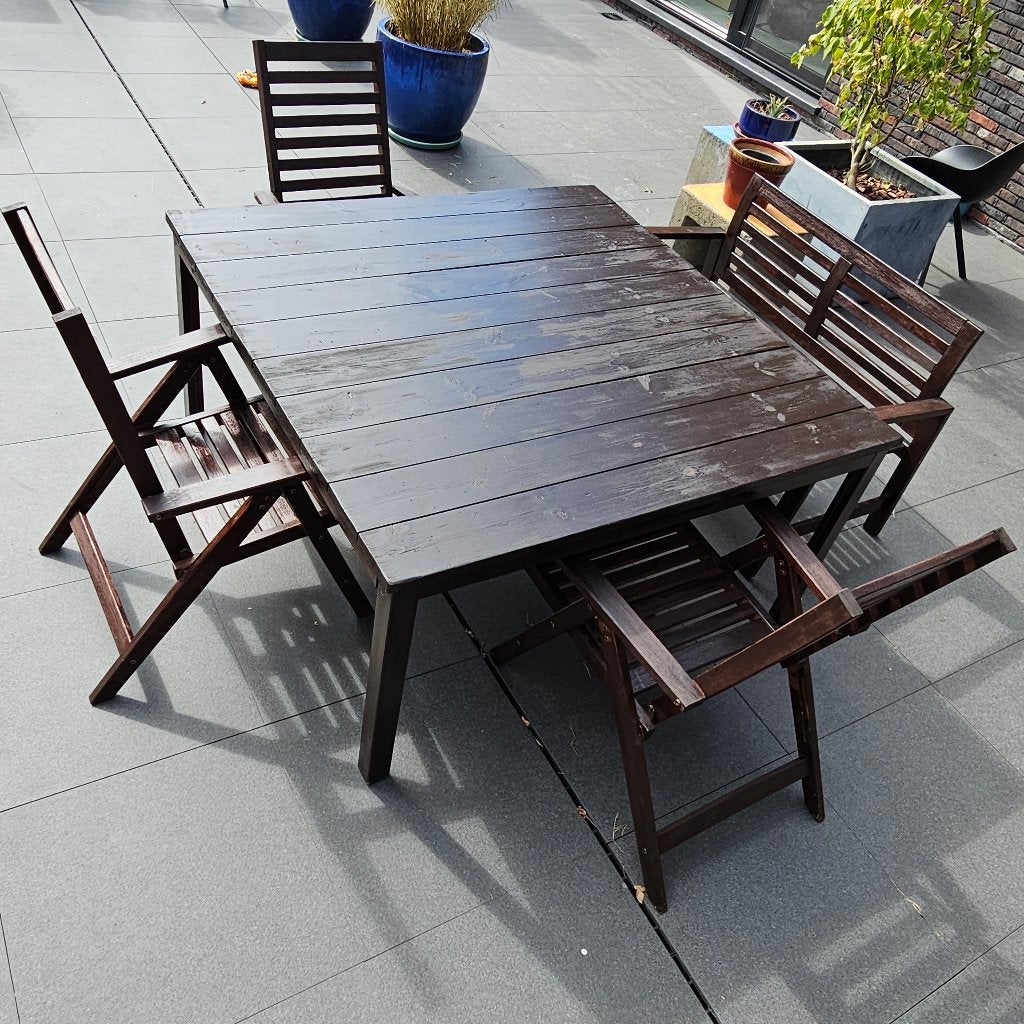 Mooie houten tuinset IKEA ÄPPLARÖ tafel 3 stoelen + zitbank, Ophalen, 5 zitplaatsen, Gebruikt, Bank