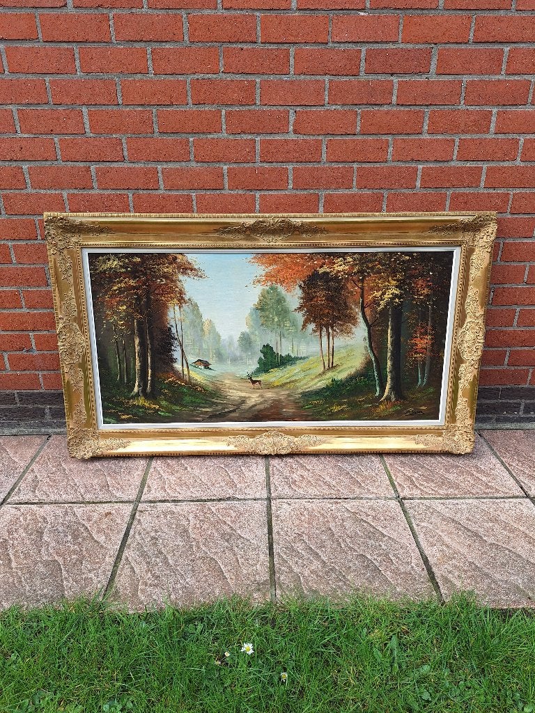 Groot vintage landschap schilderij met gouden kader, Ophalen, Doek, Bijzondere lijst, Landschap