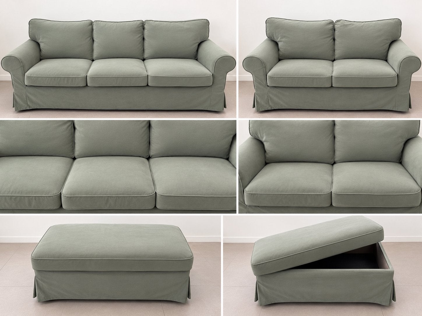 Saliegroen salon met uitwasbare hoezen, Maison & Meubles, 100 à 125 cm, 250 à 300 cm, Landelijk modern, Quatre personnes ou plus