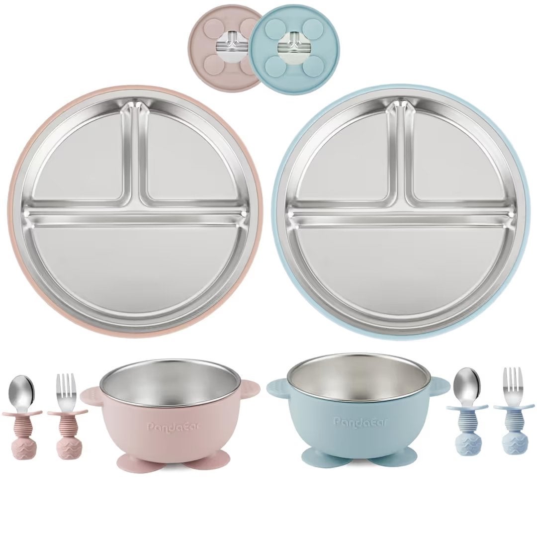 8-delig Baby Eetset RVS & Siliconen - Roze & Blauw, Ophalen of Verzenden, Nieuw