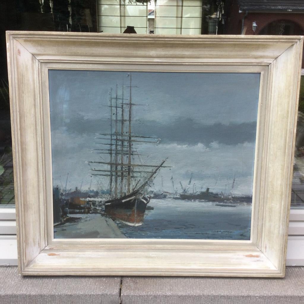 Zeilschip in de haven. Dujardin M.R  olieverf 1913-2002, Enlèvement