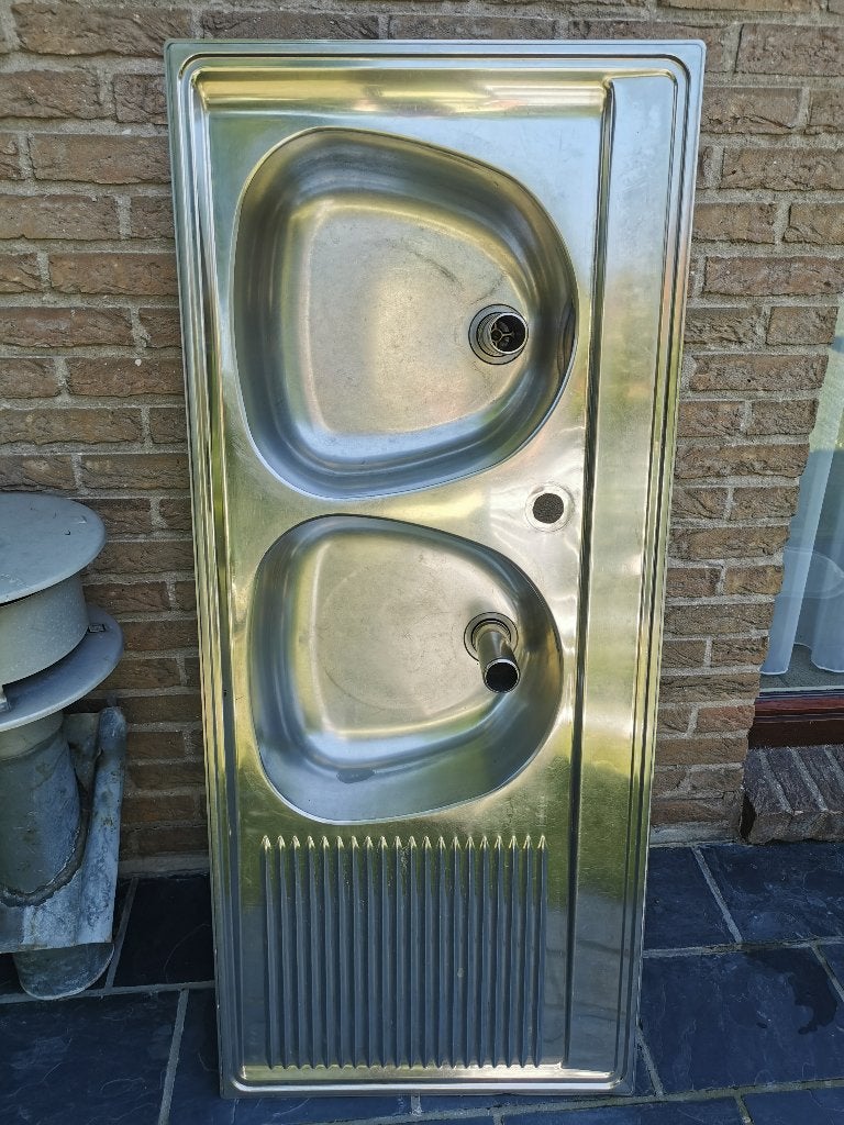Inox wastafel, dubbele was/spoelbak., Doe-het-zelf en Bouw, Ophalen, Gebruikt, Inox, Wastafel