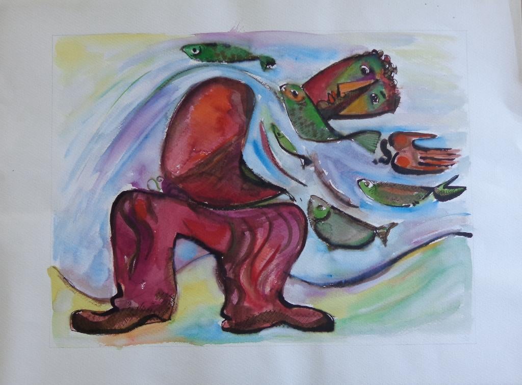 JOEL KASS / VISSERSFIGUUR / ORIGINEEL WERK / 56x76cm, Antiquités & Art, Art | Peinture | Moderne, Enlèvement ou Envoi, Signé, Aquarelle