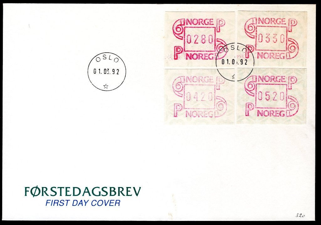 NOORWEGEN ATM FDC 1992 set 2,80-3,30-4,20-5,20, Postzegels en Munten, Verzenden, Noorwegen, Gestempeld
