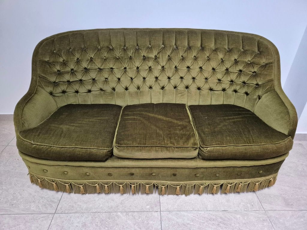Canapé/chaise 3 places vintage  velours vert olive à franges, Maison & Meubles, Canapés | Salons, Trois personnes, 150 cm ou plus