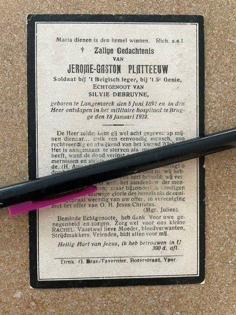 14-18 Soldaat 5de GENIE Platteeuw Madonna overleden Brugge, Ophalen of Verzenden, Bidprentje