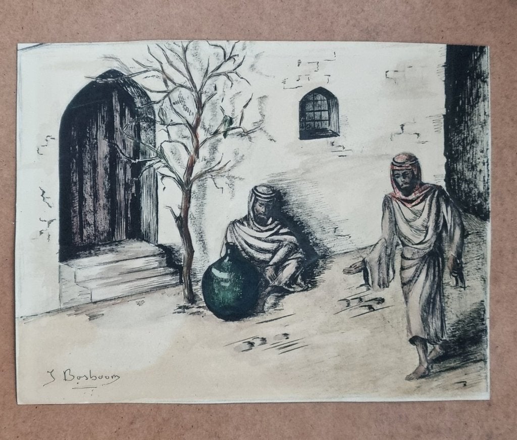 Pen- en inkttekening oosterse straatscène - J. Bosboom, Ophalen, Tekening, Pentekening, Gesigneerd