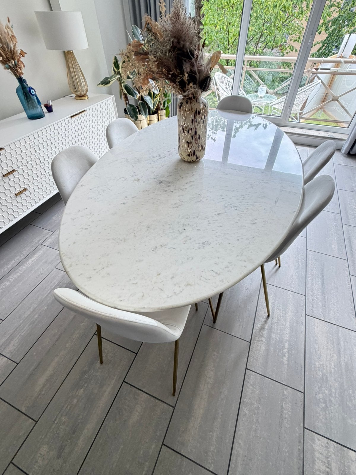Eettafel wit marmer voor 4-6personen lengte 200m, Ophalen, Zo goed als nieuw