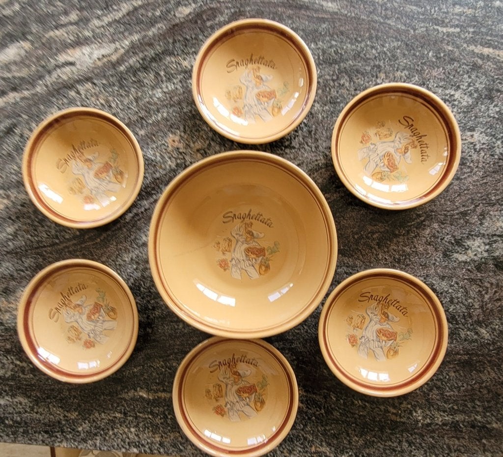 Service spaghetti de Venise, 6 assiettes + 1 plat, Maison & Meubles, Enlèvement, Utilisé, Céramique, Service complet