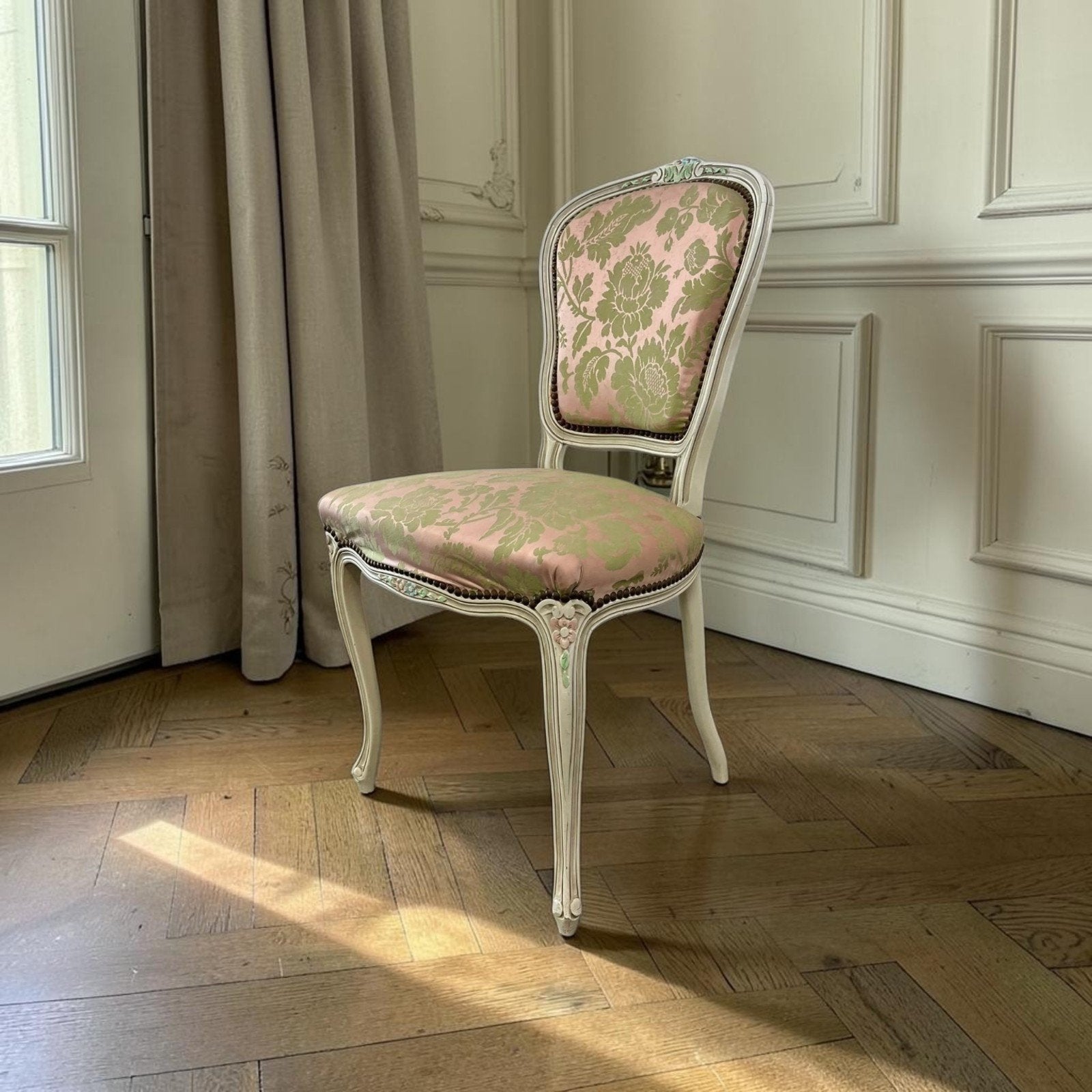 Vintage barok stoel met roze / groen accent, Antiek en Kunst, Ophalen