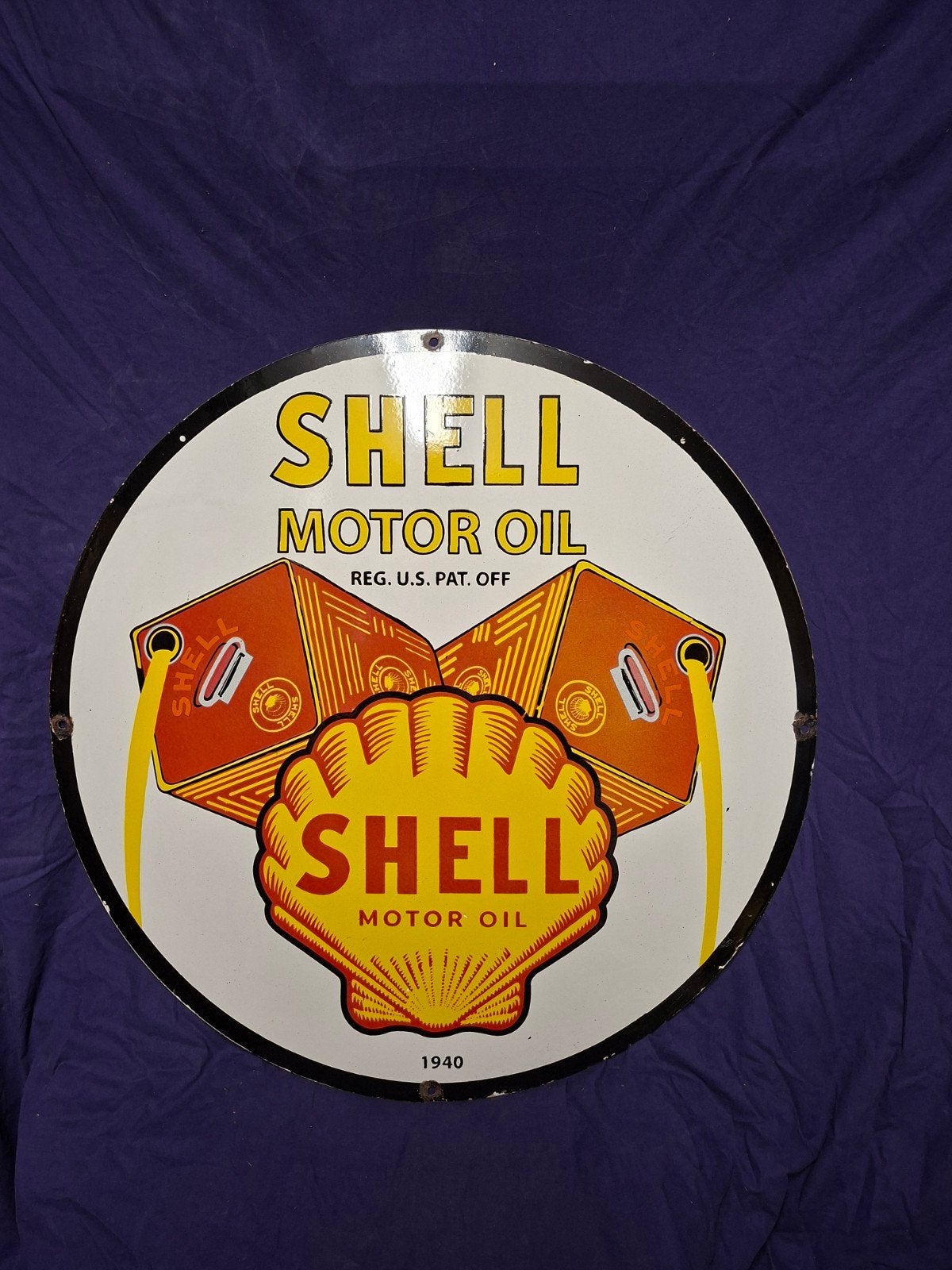 Huile à moteur Shell 1940 émaillée diamètre 75 cm, Enlèvement ou Envoi, Utilisé, Panneau publicitaire
