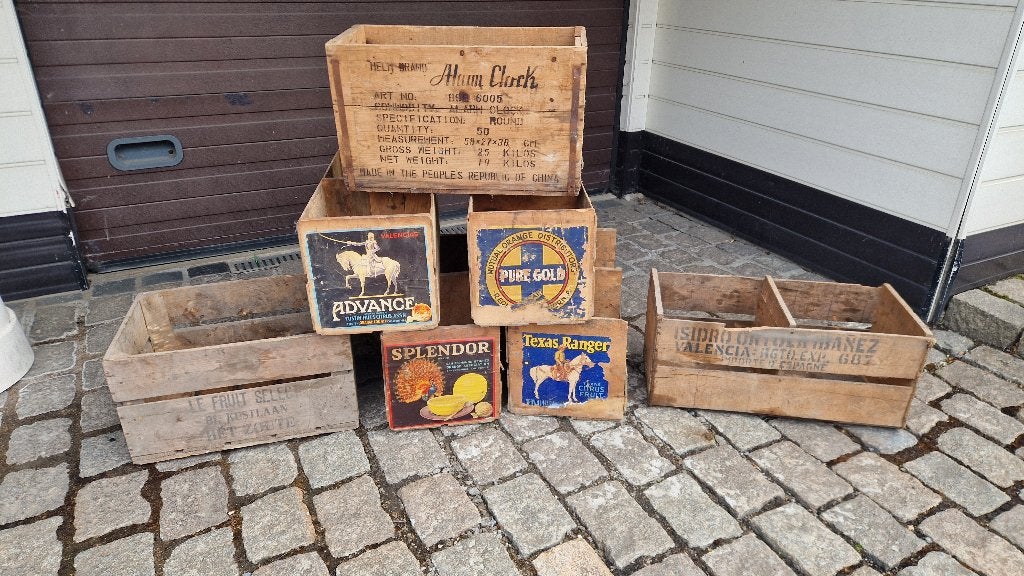 7 houten fruitkisten jaren 40, 15euro tstuk of 60euro samen, Ophalen