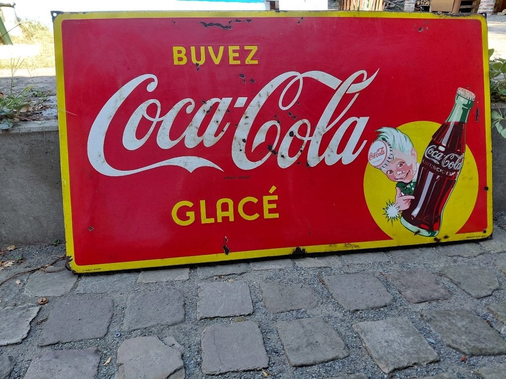Emaille coca cola bord 1950, Ophalen of Verzenden, Gebruikt, Reclamebord