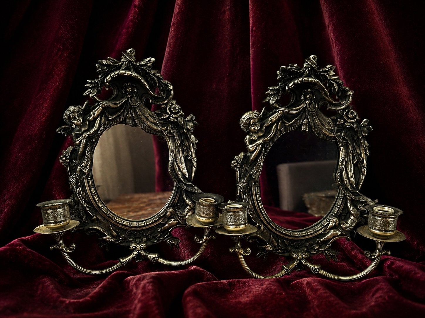 Paire d’appliques miroir Art Nouveau angelots (putti) ~ 1900, Enlèvement ou Envoi, Argent