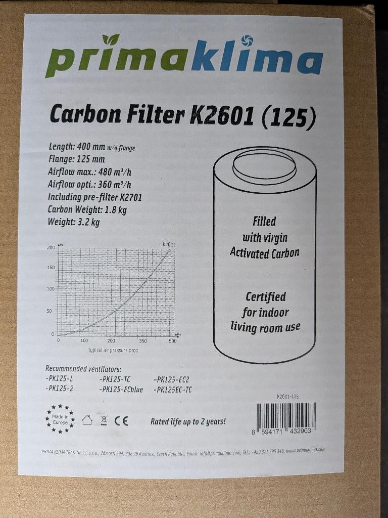 Filtre charbon Prima Klima k2601 (125), Envoi, Neuf, 200 à 400 m³/h, Autres types