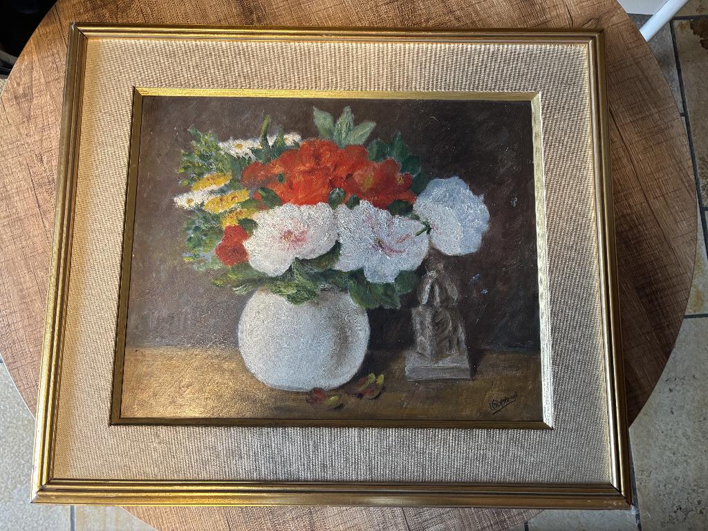 Vintage schilderij bloemen in vaas – gesigneerd (58 x 49 cm), Ophalen