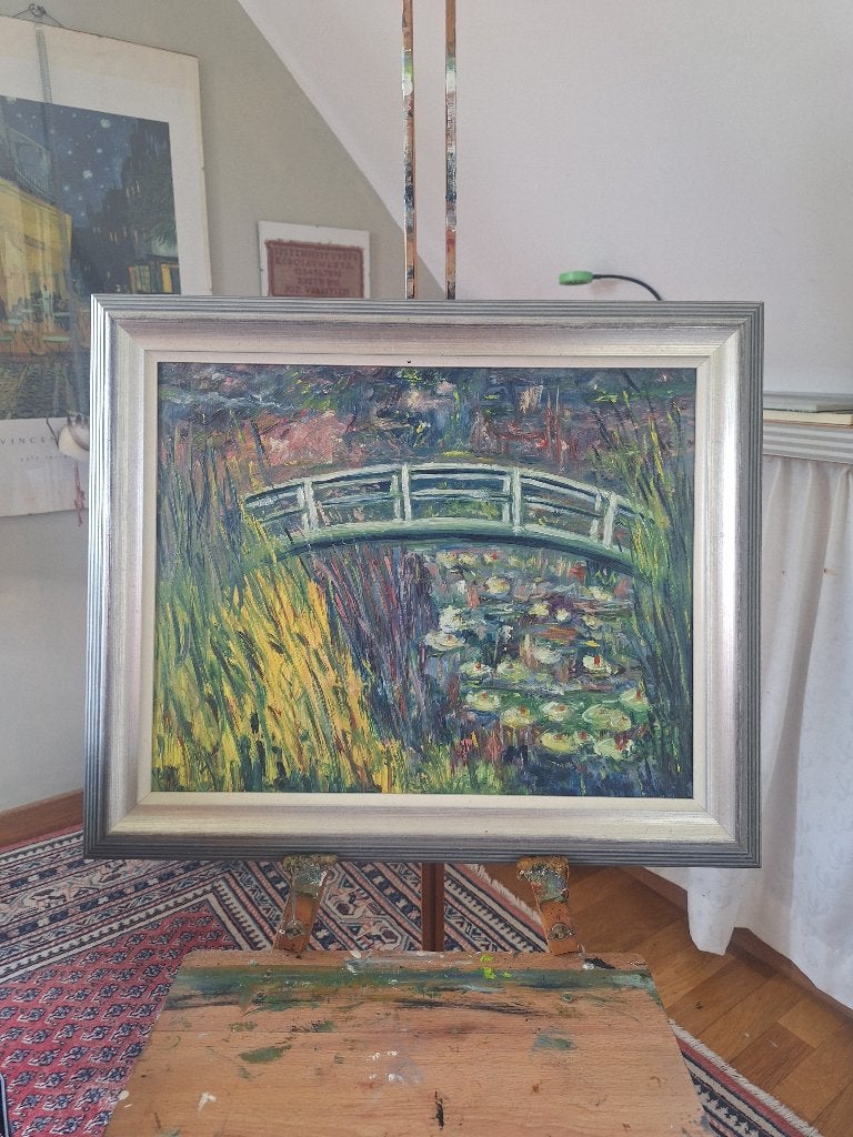 Schilderij olie op doek: de brug, Ophalen of Verzenden, Ingelijst, Doek