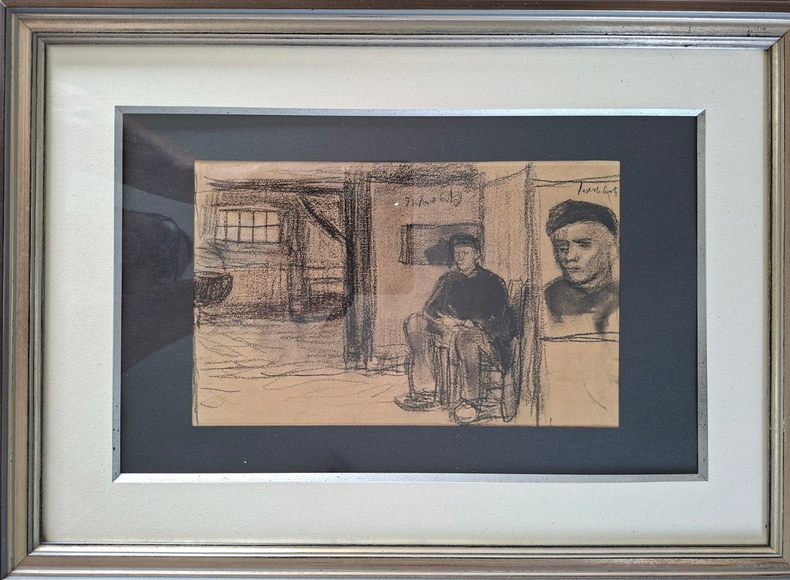 SMITS Jakob "Zittende boer in interieur" houtskooltekening, Antiek en Kunst, Ophalen of Verzenden, Tekening, Houtskooltekening