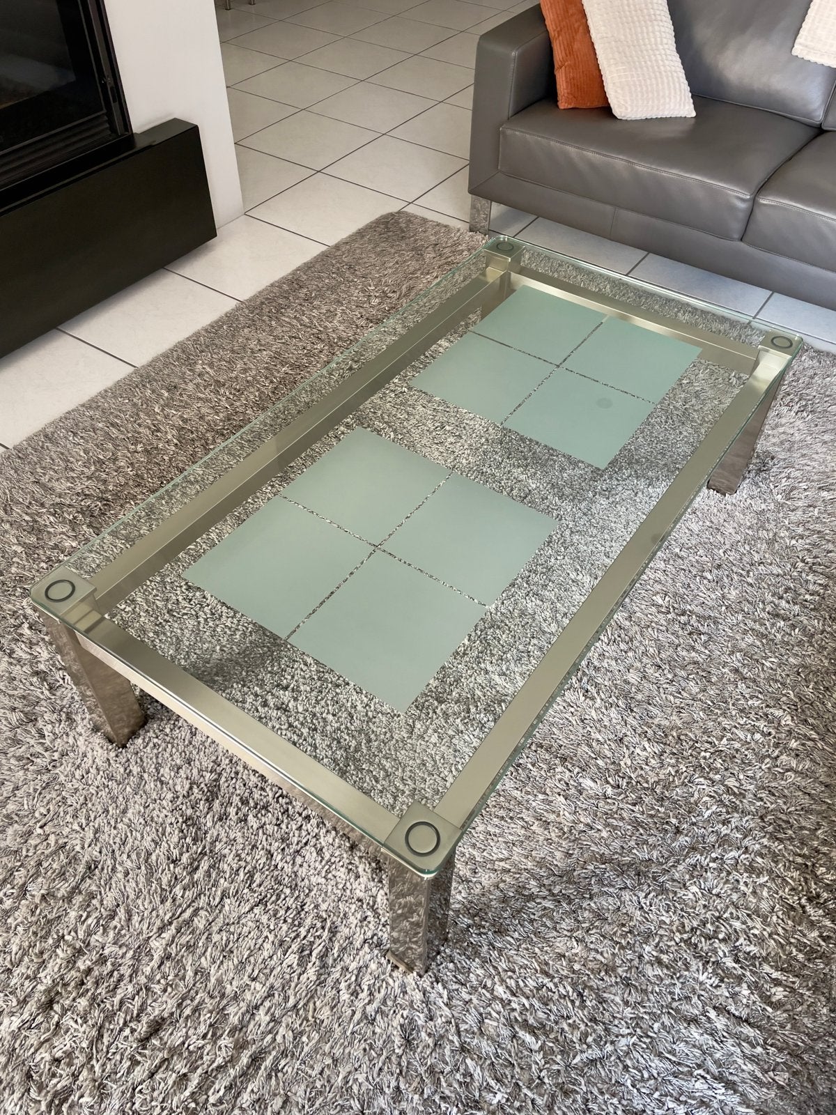 Salontafel in zink met glazen tafelbad - modern, Huis en Inrichting, Ophalen, 50 tot 100 cm, 50 tot 100 cm, Modern, design