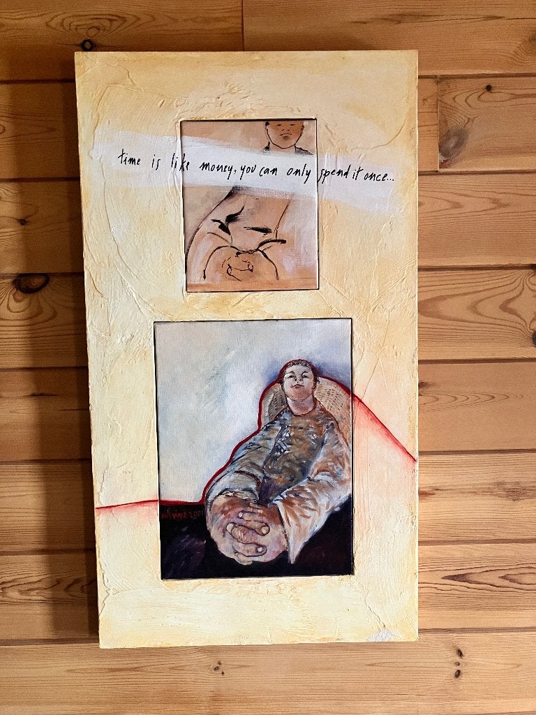 Schilderij Wivine Vernieuwe - Time is Like Money 2000, Antiek en Kunst, Kunst | Schilderijen | Modern, Figuren, Hout, Olieverf