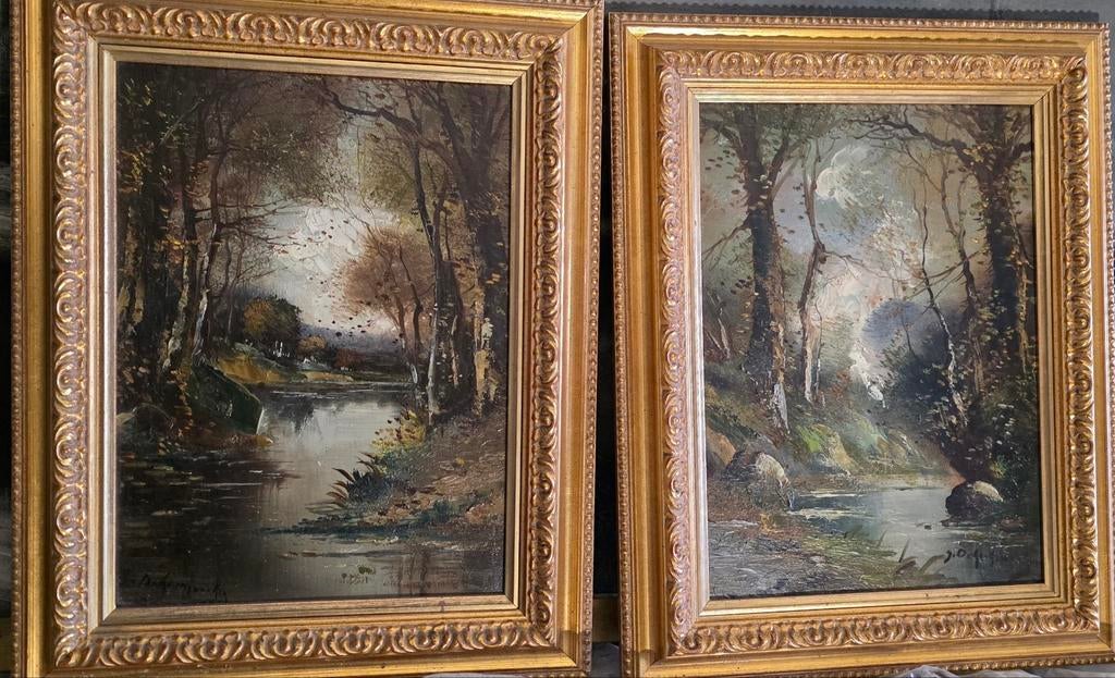 Paire paysage ancien, sous-bois lumineux, cadres doré, Enlèvement