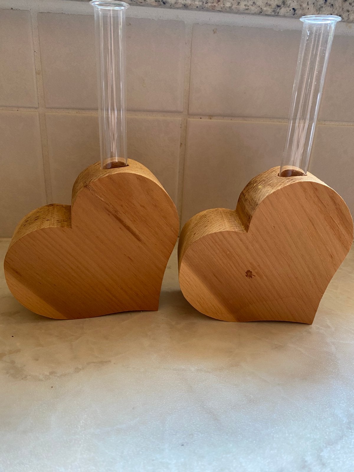 Houten hartje met glazen pipet voor bloem, Ophalen, Bruin, 7 cm, Glas