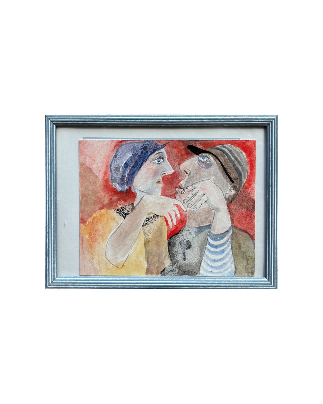 Aquarel van debatterend paar door Jan Vermeiren, Portret of Personen, Ophalen of Verzenden, Aquarel, Origineel werk