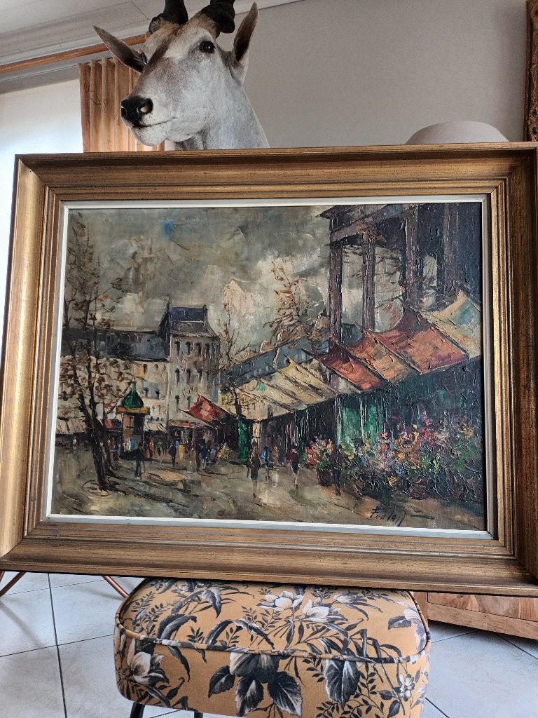 Schilderij foulon , parijs ( bloemenmarkt) , zeer mooi, Antiek en Kunst, Ophalen, Doek, Gesigneerd, Olieverf