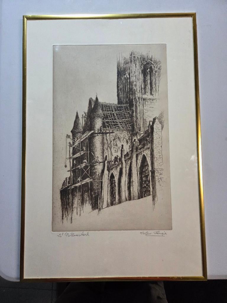 G. Langie; ets: 'De St-Niklaaskerk', Gentse kunstenaar, Stadsgezicht, Origineel, 60 cm, Ophalen of Verzenden