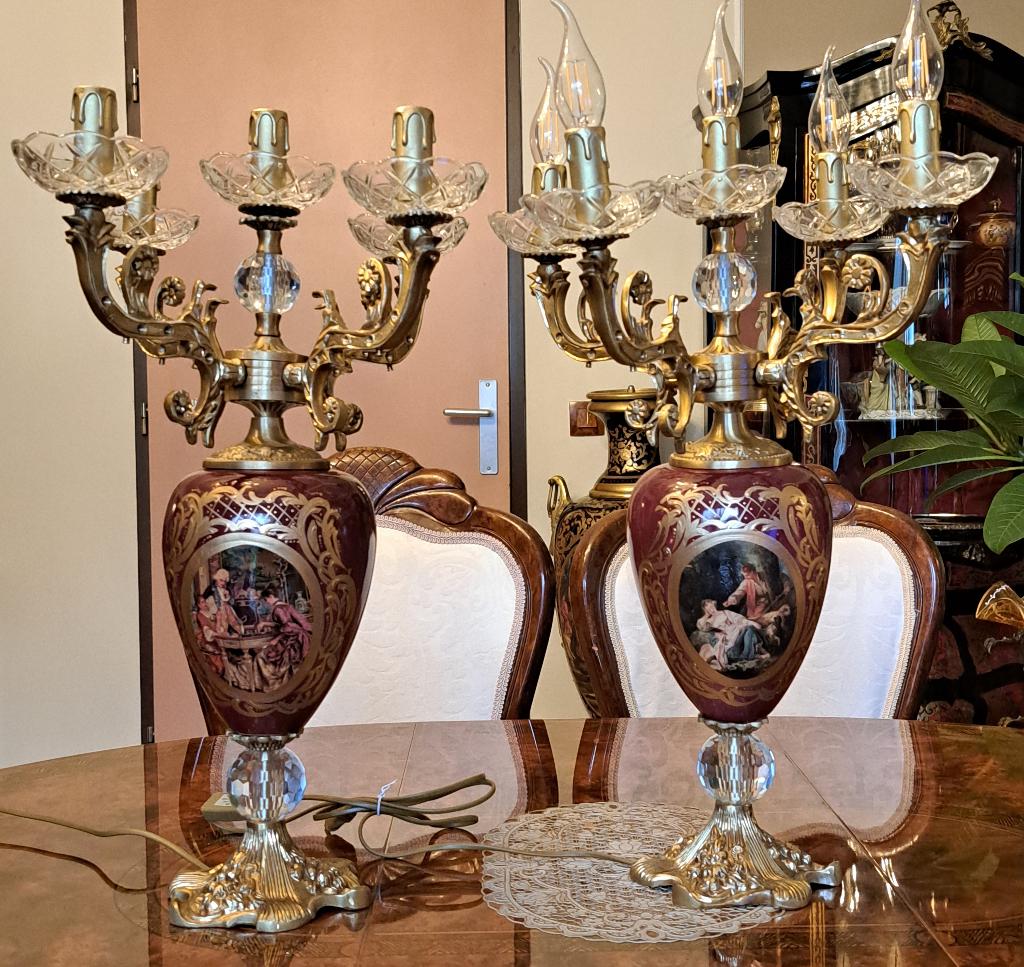 Kandelaars van brons en porselein met kristal, Antiek en Kunst, Ophalen of Verzenden, Kristal