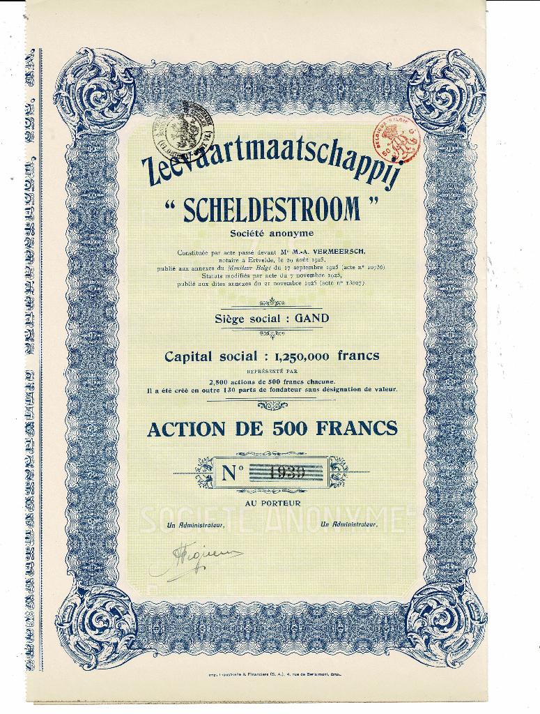 Compagnie maritime Scheldestroom - Gand 1925 - Action 500, Envoi, 1920 à 1950, Action