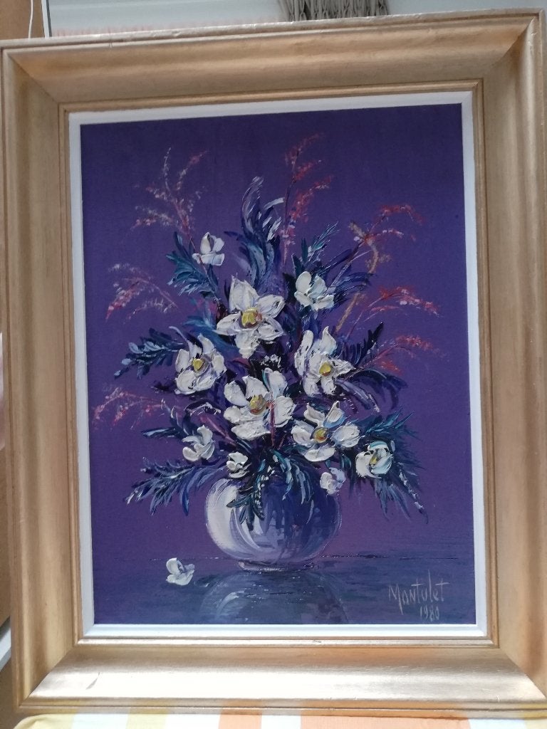 schilderij met bloemen, Peinture à l'huile, Signé, Enlèvement, Fleurs