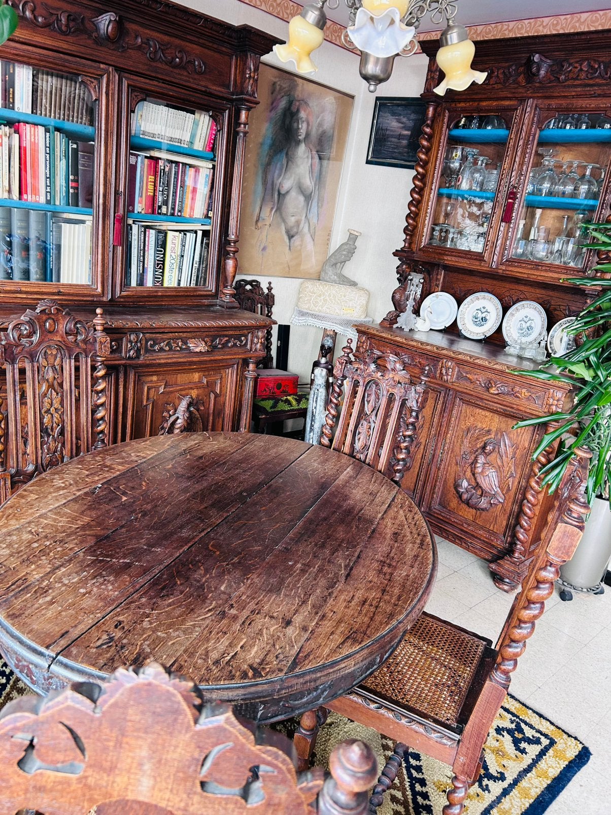 Prachtig stel Franse Henri II eiken meubel rijk houtsnijwerk, Enlèvement