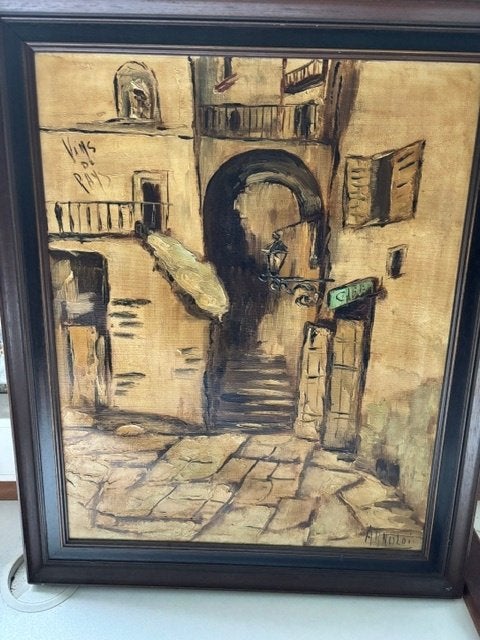 Sfeervol Mid-Century Schilderij "Zuid-Europees Straatje", Antiek en Kunst, Ophalen, Expressionistisch, Olieverf, Doek