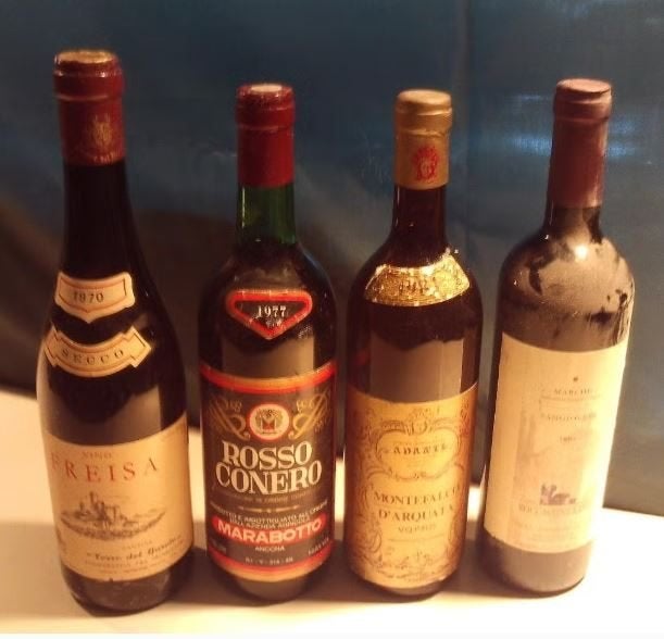 4 vieilles bouteilles de vins rouges italiens de 1970 à 2003, Collections, Vins, Enlèvement ou Envoi, Pleine, Comme neuf, Vin rouge