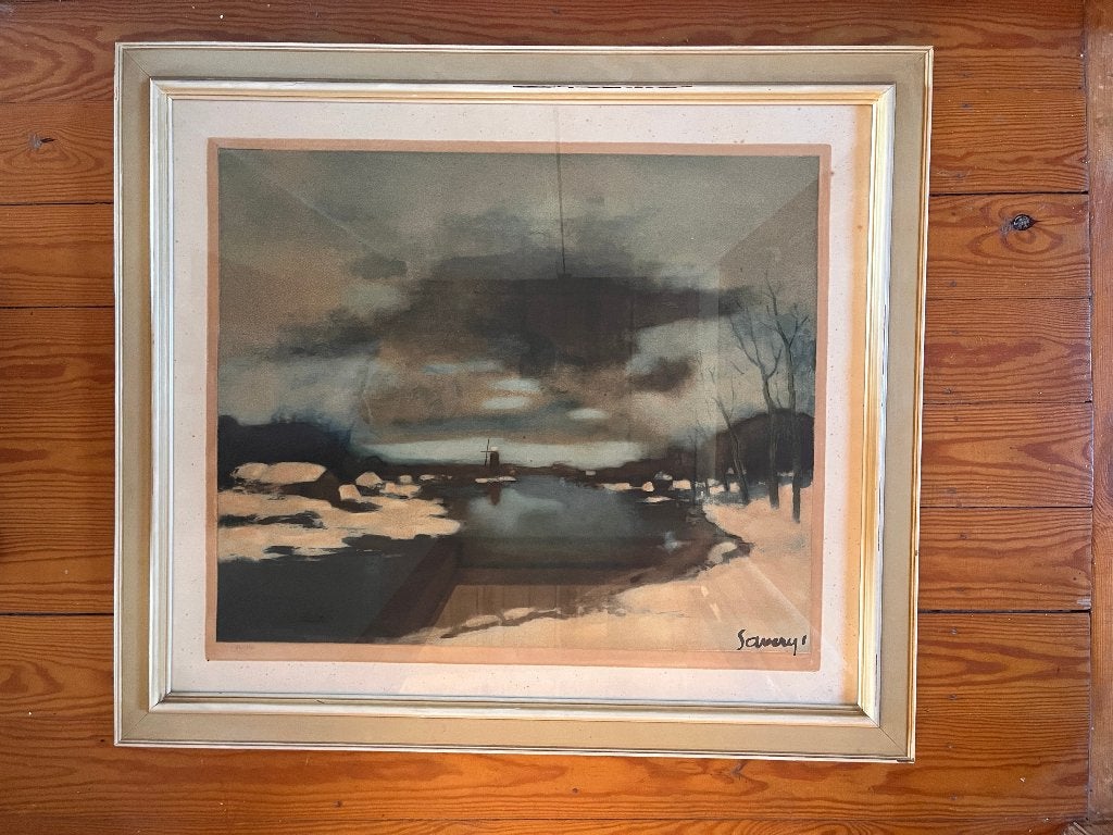 Litho van Albert Saverys Nuit de Noël, Antiquités & Art, Avec verre, Enlèvement, Paysages, Lithographie