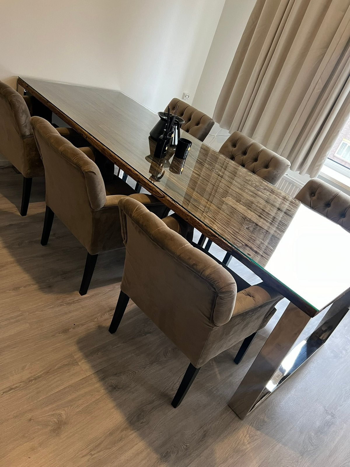 Luxe eettafel glazen blad,6 stoelen, salontafel en dressoir, Huis en Inrichting, Ophalen, Zo goed als nieuw