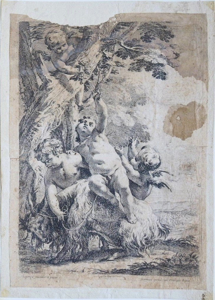 Michel Dorigny naar N. Chaperon ets "Putti's & Ram bij Boom", Eau-forte, Mythologie, 1600 - 1699, Enlèvement