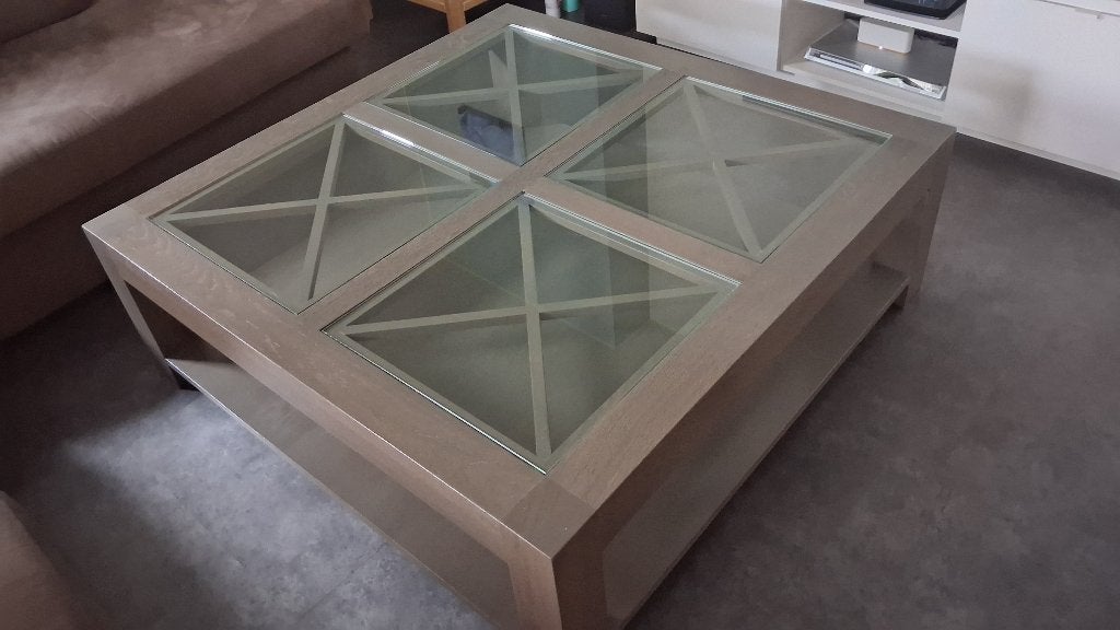 Massief Franse grijs eiken salontafel 120 x 120 cm – glas, Ophalen, Gebruikt, Vierkant, Modern