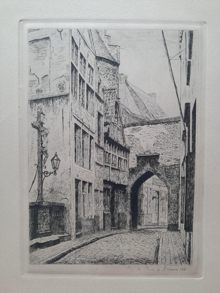 Ets 'Rue du Steen a Anvers 1881', Antiek en Kunst, Kunst | Etsen en Gravures, Ophalen of Verzenden