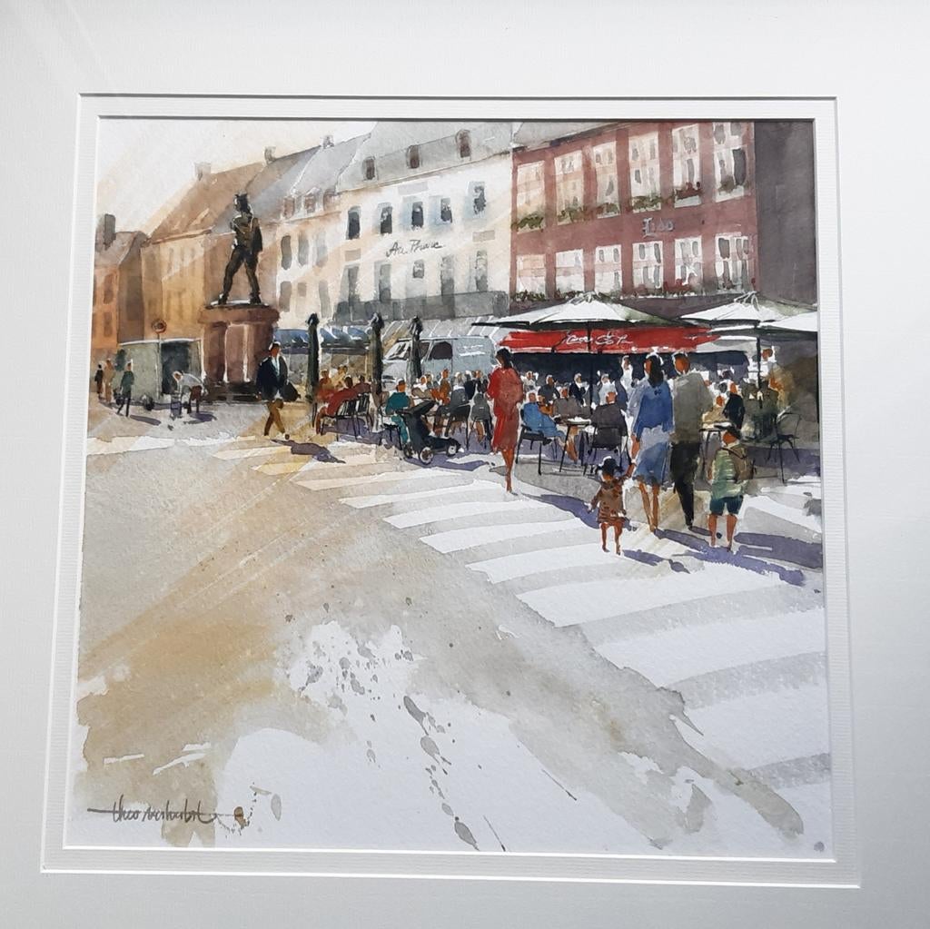Aquarel Tongeren :  markt Ambiorix  :  theo verhulst, Antiek en Kunst, Ophalen of Verzenden