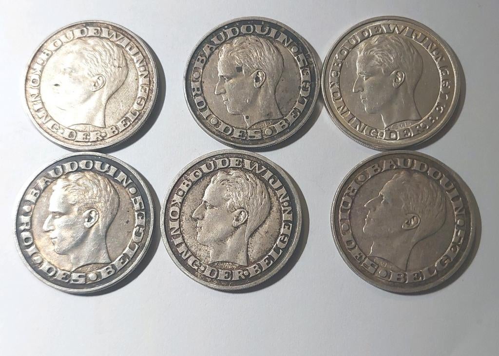 Zes munten Belgische 50 frank-munten uit 1958, Ophalen of Verzenden, Munten