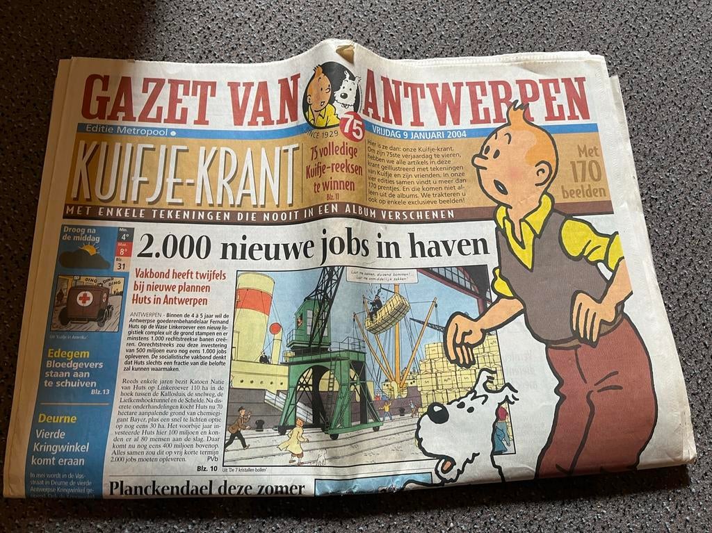 Gazet van antwerpen speciale druk  van kuifje uit 2004, Collections, Enlèvement, 1980 à nos jours, Journal